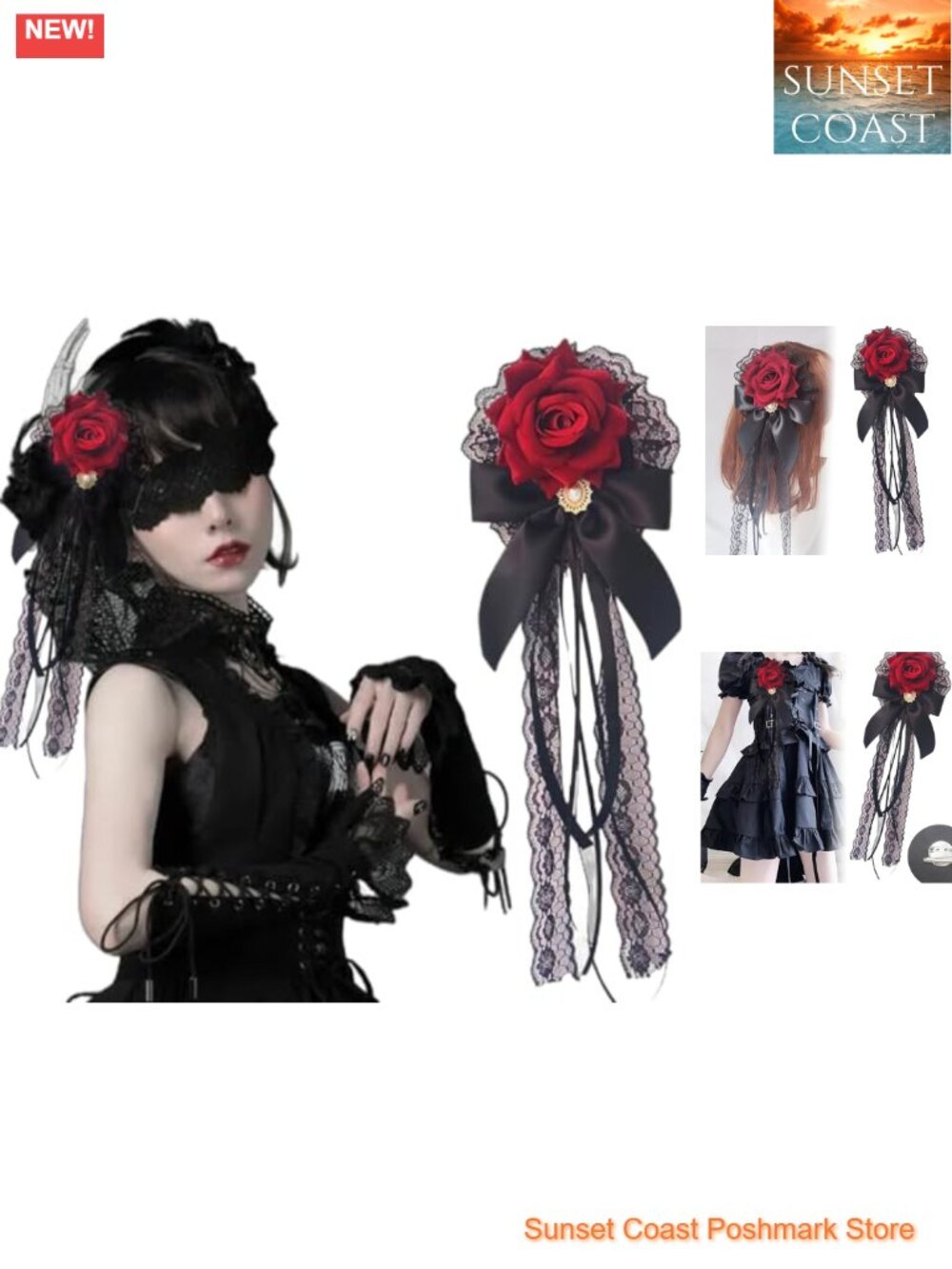 Rose Bow Hairpin Lace Ribbon Hair Clip Brooch Gothic Lolita Wedding Party